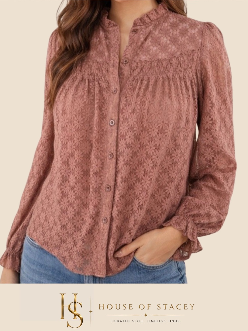 Pretty Garden Lace Button-Up Blouse Brown Large